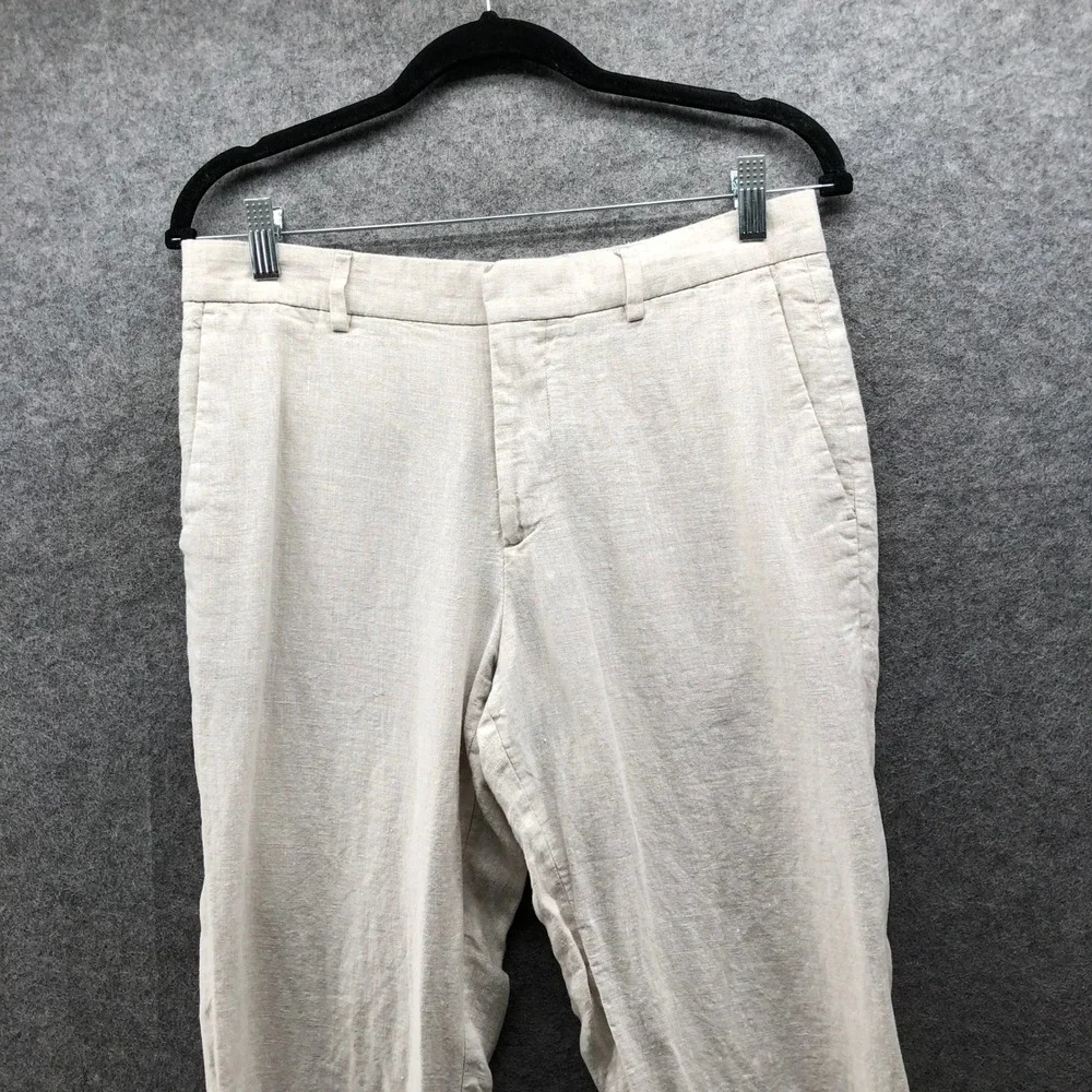 H&M Slim Fit Linen Trousers Mens 32R Beige Flat Front Casual Summer Beach Pants